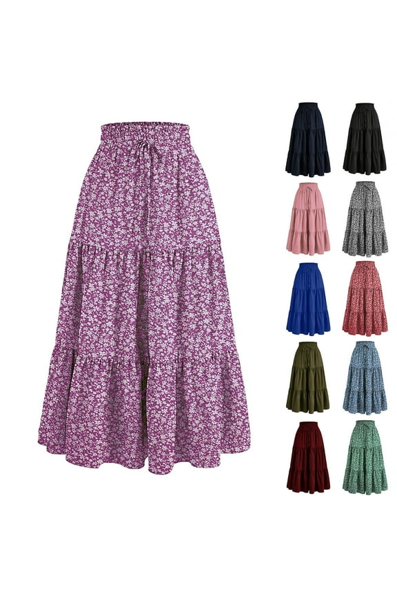 Floral Maxi Skirt for Women Summer Comfy Tiered Elastic High Waisted Skirts Vacation A-Line Flowy Swing Long Skirts (Sky Blue, M)