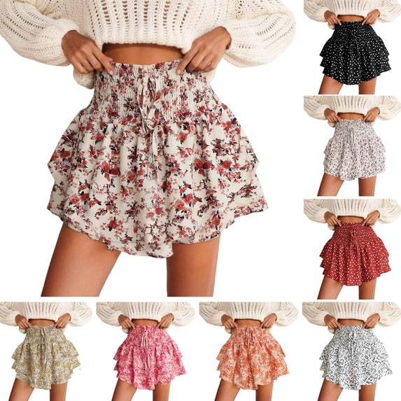 zaveiop Floral Skorts for Woman Ruffle Mini Skirt with Shorts Underneath Causal Summer Boho Outfits (Wine, XL)