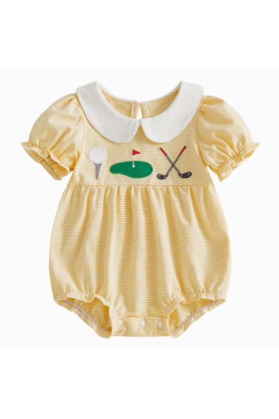 Girl Clothes Embroidery Striped Puff Short Sleeve Jumpsuit Smocked Bubble Outfit (Yellow, 12-18 Months)