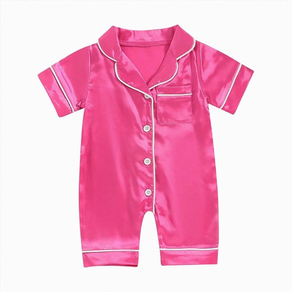 zaveiop Girl Girl Summer Button Down Silk Satin Pajamas Romper One-Piece Jumpsuit Short Sleeve Nightgown Pjs Sleepwear (Hot Pink, 3-6 Months)