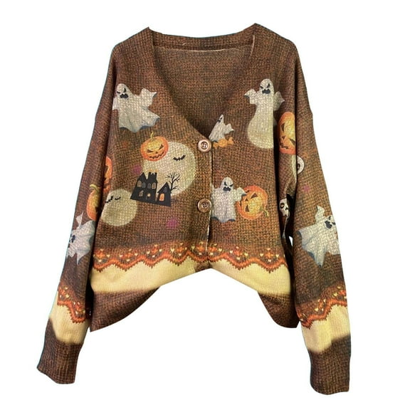 zaveiop Halloween Clearance Sale Sweaters For Women Fall Cardigans Clothes Pumpkin Ghost Vintage Sweater (Coffee, XL)