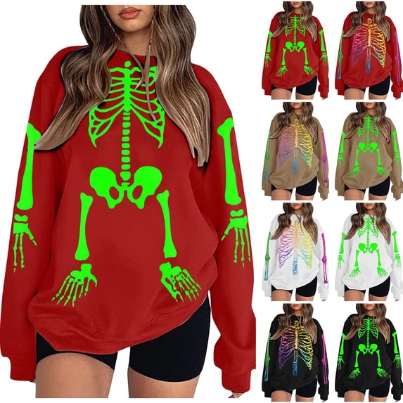 zaveiop Halloween Gothic Skeleton Sweatshirts for Women Punk Skull Oversized Graphic Sweater Y2k Long Sleeve Apparel Pullover (Black, M)