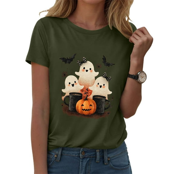 zaveiop Halloween Shirts for Women 2025 Plus Size Cute Short Sleeve Funny Pumpkin Grapghic Tee Ghost Tops Halloween Costumes Fall (Z1-Army Green, XXL)