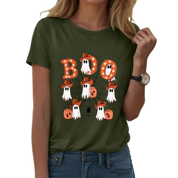 zaveiop Halloween Shirts for Women 2025 Boo Print Shirt Women Seven Ghost Pumpkin Spider Graphic Tee Spooky Season T-Shirt (Z-Army Green, XL)