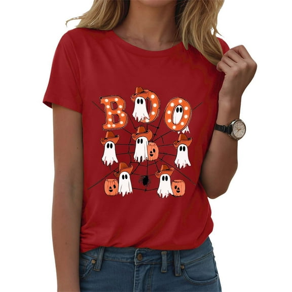 zaveiop Halloween Shirts for Women 2025 Boo Print Shirt Women Seven Ghost Pumpkin Spider Graphic Tee Spooky Season T-Shirt (Z-Red, 3XL)