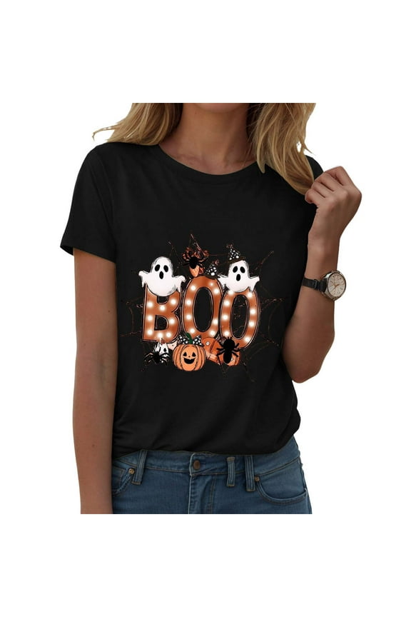 Halloween Shirts for Women 2025 Plus Size Boo Shirt Women Funny Ghost Pumpkin Spider Graphic Tee Spooky Season T-Shirt (Black, L)