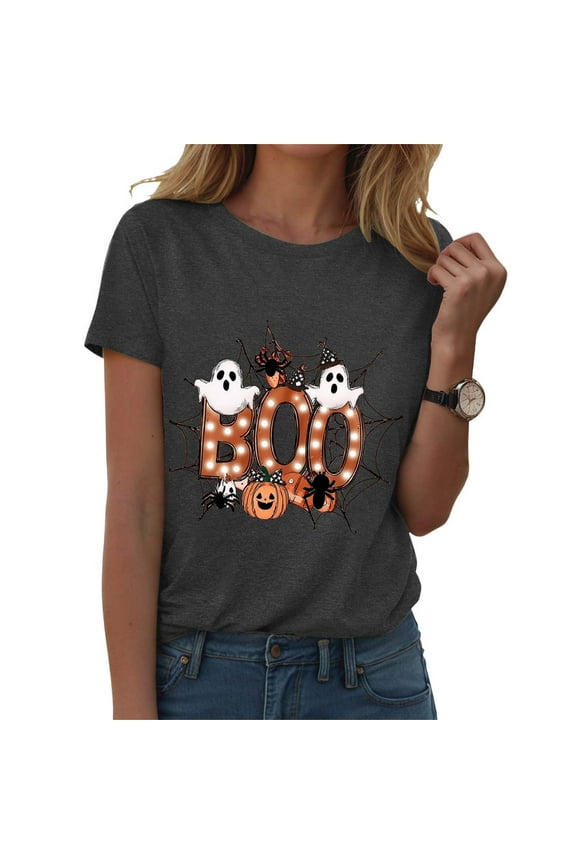 Halloween Shirts for Women 2025 Plus Size Boo Shirt Women Funny Ghost Pumpkin Spider Graphic Tee Spooky Season T-Shirt (Grey, XXL)