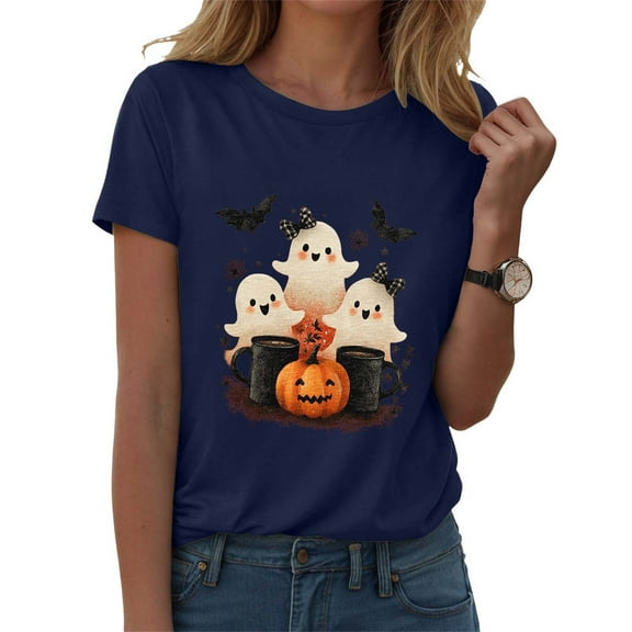 zaveiop Halloween Shirts for Women 2025 Plus Size Cute Short Sleeve Funny Pumpkin Grapghic Tee Ghost Tops Halloween Costumes Fall (Z1-Navy, S)