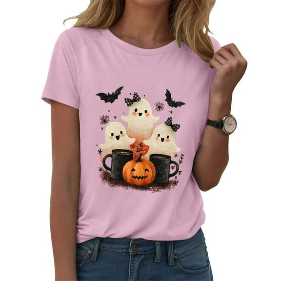 zaveiop Halloween Shirts for Women 2025 Plus Size Cute Short Sleeve Funny Pumpkin Grapghic Tee Ghost Tops Halloween Costumes Fall (Z1-Pink, S)