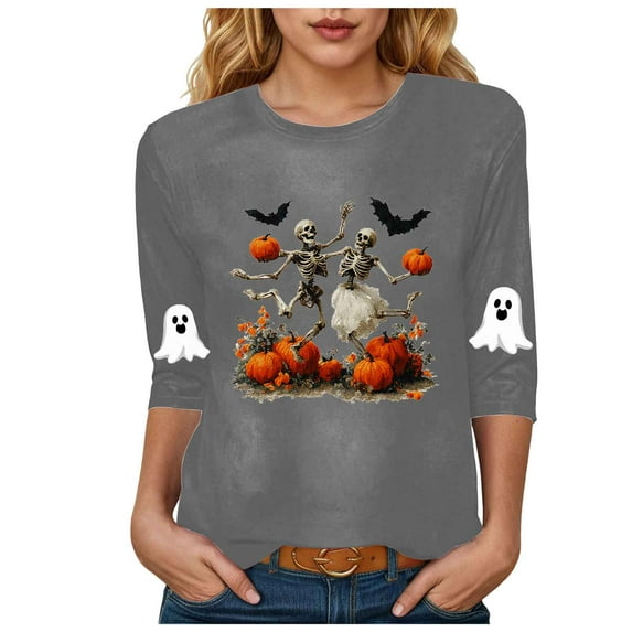 zaveiop Halloween Shirts for Women Funny Cute Ghost Fall Shirts 3/4 Length Sleeve Pumpkin T-Shirts Thanksgiving Graphic Tees (Z-Grey, M)