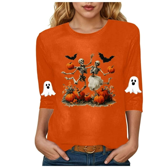zaveiop Halloween Shirts for Women Funny Cute Ghost Fall Shirts 3/4 Length Sleeve Pumpkin T-Shirts Thanksgiving Graphic Tees (Z-Orange, L)