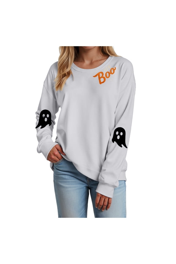 Halloween Womens Casual Long Sleeve Cute Ghost Graphic Crewneck Sweatshirts Oversized Spooky Pullover Sweaters (Z2-Grey, L)