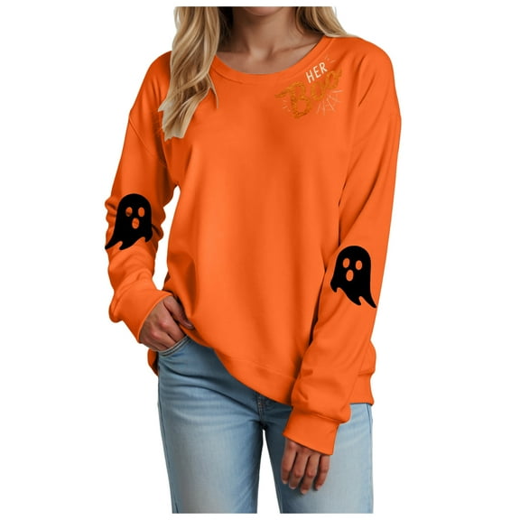 zaveiop Halloween Womens Casual Long Sleeve Cute Ghost Graphic Crewneck Sweatshirts Oversized Spooky Pullover Sweaters (Z2-Orange, S)
