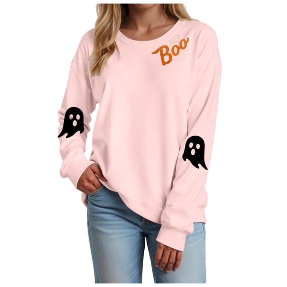 zaveiop Halloween Womens Casual Long Sleeve Graphic Tee Shirts Crew Neck Sweatshirts Pullover Tops for Women (Pink, S)