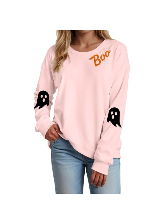 Halloween Womens Casual Long Sleeve Graphic Tee Shirts Crew Neck Sweatshirts Pullover Tops for Women (Pink, XXL)