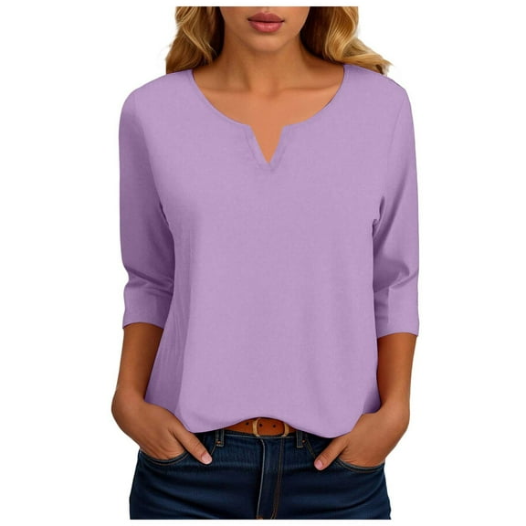 zaveiop Henley Shirts for Women 3/4 Length Sleeve Womens Tops Button up Blouse Pleated Dressy Tunic Tops (Z3-Light Purple, L)