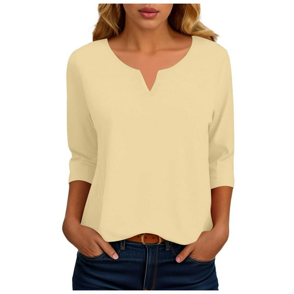 zaveiop Henley Shirts for Women 3/4 Length Sleeve Womens Tops Button up Blouse Pleated Dressy Tunic Tops (Z3-Light Yellow, XL)