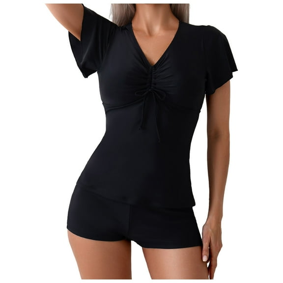 zaveiop High Waisted Tummy Control Drawstring Bikini Set Srting Swimsuit Short Sleeve Top and Tie Side Shorts 2 Piece (Black, S)