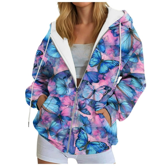 zaveiop Hoodies for Women 2025 Womens Zip up Hoodie Oversized Cute Butterfly Graphic Sweatshirts Fall Fashion Casual Outfits (Blue, L)