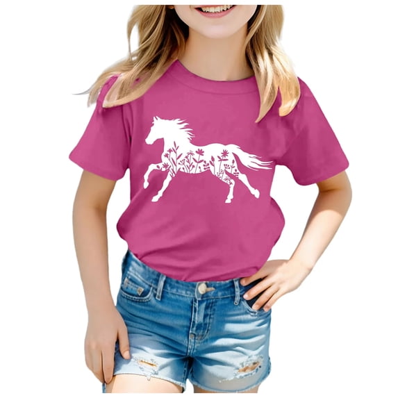 zaveiop Horse Shirt for Girls Western Shirt Cowgirl Tshirts Horse Riding Tee Animal Lover Gift Graphic Tees Tops (Hot Pink, 11-12 Years)