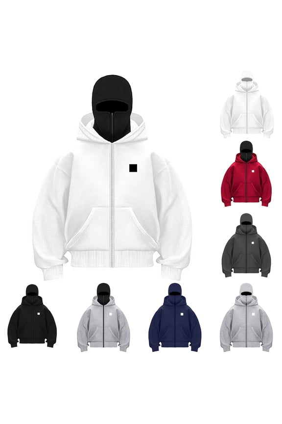 Jacket Zip up Fashion Double Layer Balaclava Hoodie Hip Hop Outerwear Jacket Y2K Clothing for Men and Women (Red, S)