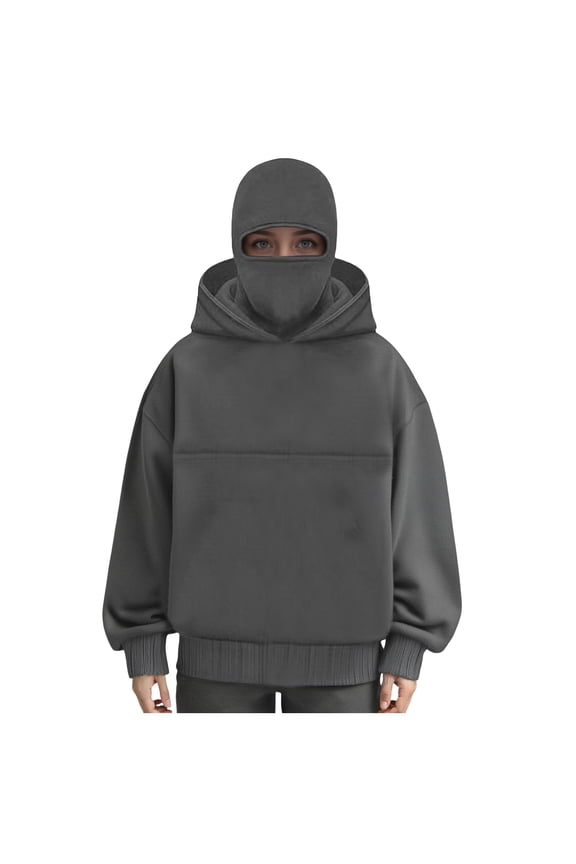 Kangaroo Pouch Hoodie with Built in Ski Mask for Women Oversized Dog Pouch Sweatshirts Pet Carrier Pullover Animal Holder Long Sleeve Tops (Z5-Grey, L)