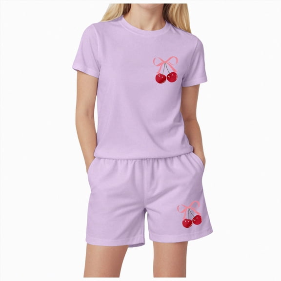 zaveiop Kid Girl 212 Years Summer 2-Piece Outfit Set Cherry/Bow Print Top & Patterned Shorts Clothing Set (Light Purple, 9-10 Years)