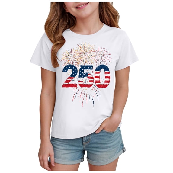 zaveiop Kids 250 Anniversary USA Shirts 250 Year American Flag Tshirt for Girls Happy 250th Tee 4th of July Tops (White, 9-10 Years)