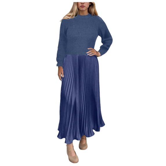 zaveiop Ladies' Fashion Solid Color Knitted Long Sleeve Hoodie Spliced Crimson Dress Round Neck Headless Hoodie Spliced Crimson Dress (Z4-Blue, S)