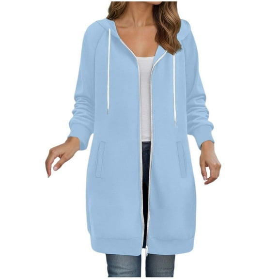 zaveiop Long Hoodies for Women Full Zip up Pullover Tunic Sweatshirts with Pockets Trendy Fall Winter Clothes Y2K (Z6-Light Blue, S)