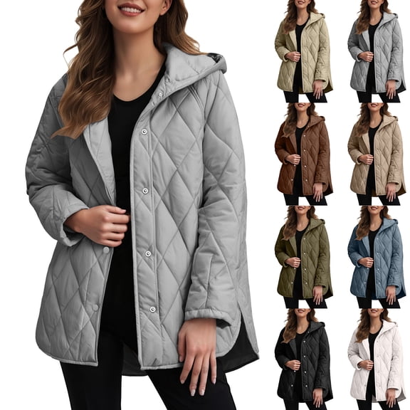 zaveiop Long Jackets for Women Fashion 2025 Winter Coat for Women Business Casual Diamond Quilted Hooded Lightweight Jackets (Brown, S)