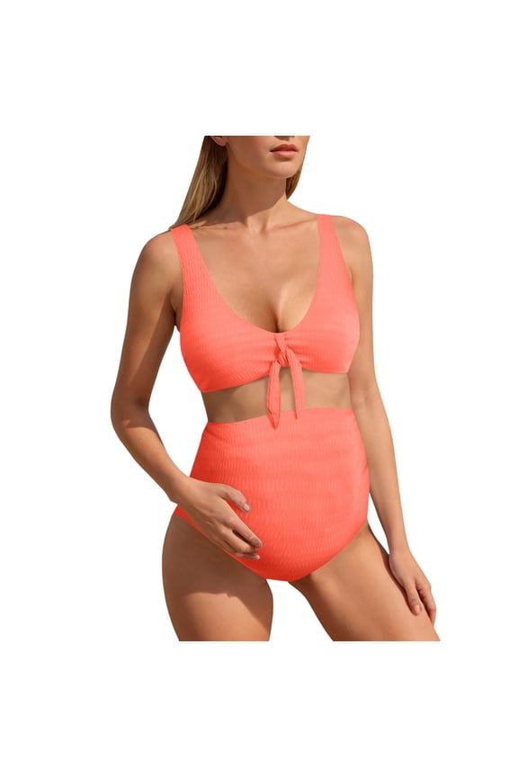 Maternity Swimsuit Ribbed High Waist Pregnancy Bikini Sets Twist Cutout Front Two Piece Bathing Suit Swimwear (Red, S)