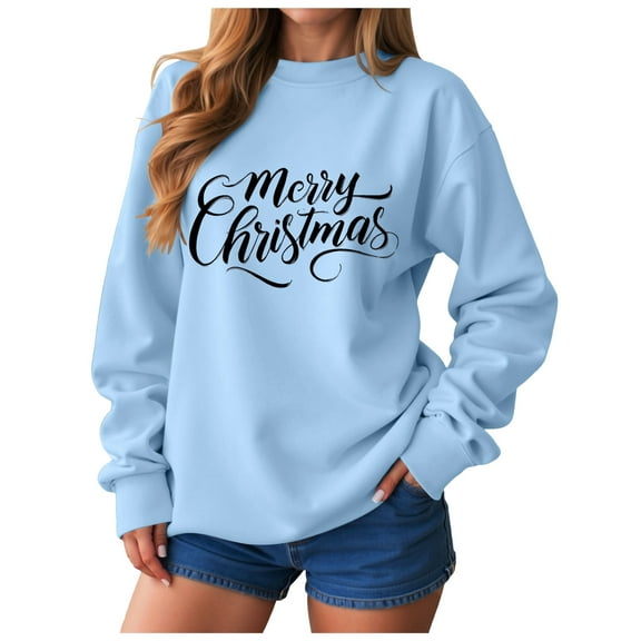 zaveiop Merry Christmas Fall Sweatshirt Christian Religious Gift Women Funny Xmas Shirt Long Sleeve Crewneck Pullover Tops (Z1-Sky Blue, L)