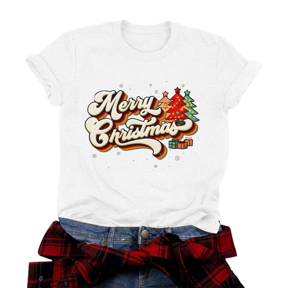 zaveiop Merry Christmas Shirt Women Christmas Tree Print T Shirt Vintage Graphic Short Sleeve Tops Tees (Z4-White, XXL)