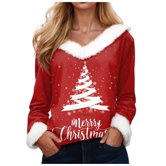 zaveiop Merry Christmas Sweaters for Women Fashion V Neck Long Sleeve Casual Sweatshirts Graphic Xmas Holiday Pullover Top (Z3-Pink, XXL)