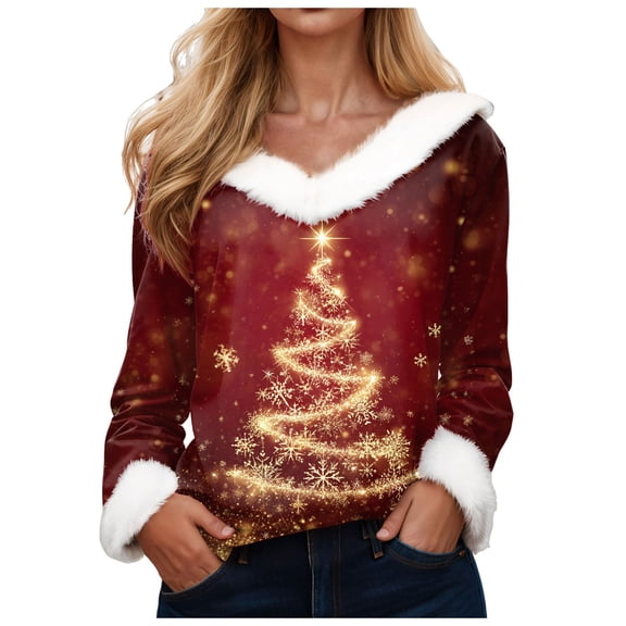 zaveiop Merry Christmas Sweaters for Women Faux Fur Trim V Neck Shirt Dressy Funny Xmas Tree Snowflake Graphic Tops (Brick Red, L)