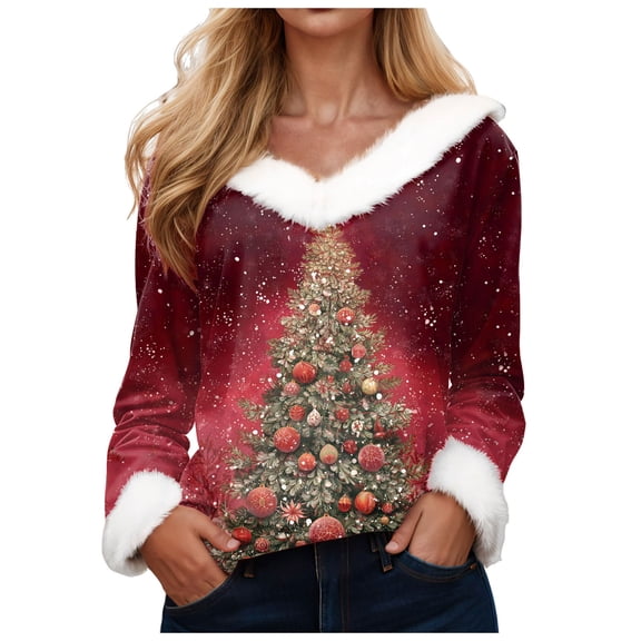 zaveiop Merry Christmas Sweaters for Women Faux Fur Trim V Neck Shirt Dressy Funny Xmas Tree Snowflake Graphic Tops (Wine, L)
