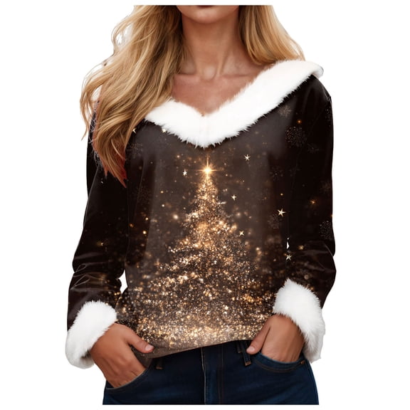 zaveiop Merry Christmas Sweaters for Women Faux Fur Trim V Neck Shirt Dressy Funny Xmas Tree Snowflake Graphic Tops (Z1-Black, 3XL)