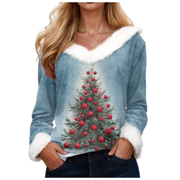 zaveiop Merry Christmas Sweaters for Women Faux Fur Trim V Neck Shirt Dressy Funny Xmas Tree Snowflake Graphic Tops (Z1-Light Blue, 3XL)