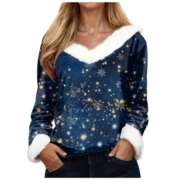 zaveiop Merry Christmas Sweaters for Women Faux Fur V Neck Xmas Graphic Long Sleeve Holiday Pullover Tops (Z3-Dark Blue, 3XL)