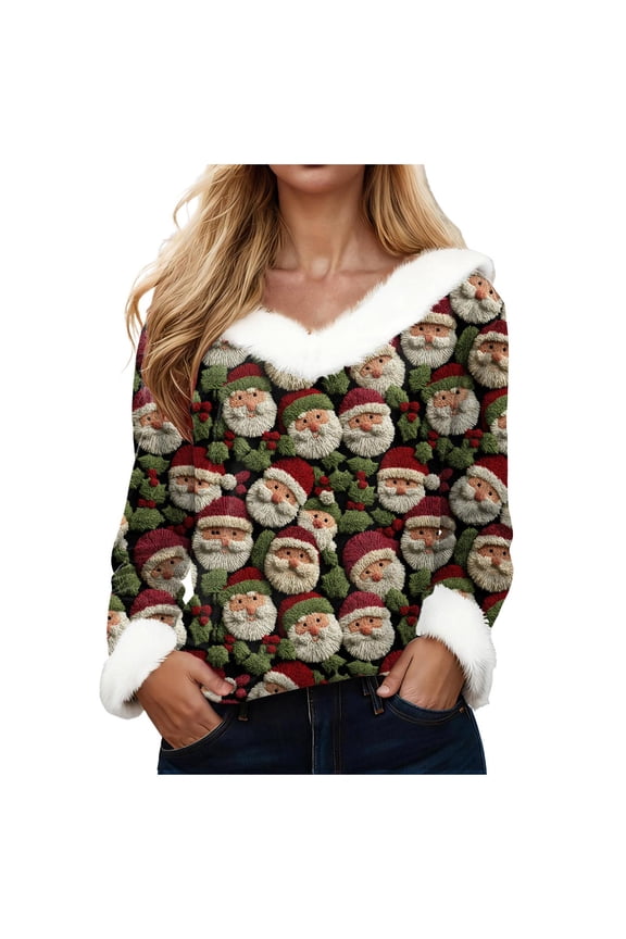 Merry Christmas Sweatshirts for Women Faux Fur Trim V Neck Textured Sweaters Comfy 3/4 Sleeve Top (Z1-Army Green, 5XL)