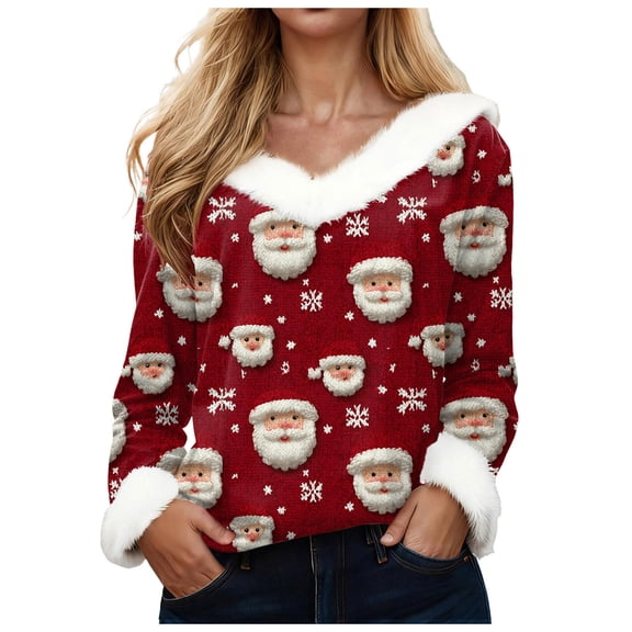 zaveiop Merry Christmas Sweatshirts for Women Faux Fur Trim V Neck Textured Sweaters Comfy 3/4 Sleeve Top (Z1-Red, 3XL)