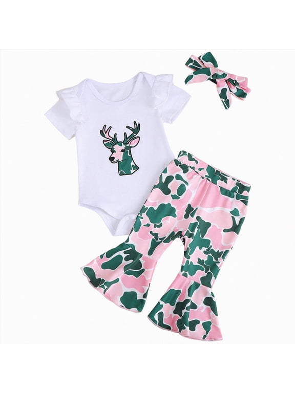 Newborn Baby Girl Outfits Camo Deer Romper Flare Pants 3pcs Hunting Clothes Set Summer (Green, 12-18 Months)