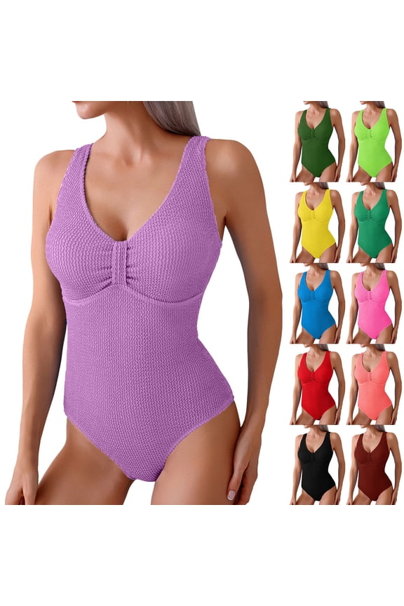 One Piece Ribbed Swimsuit, V Neck High Cut, Modest Full Coverage Bathing Suit for Women Pool Party Outfits (Blue, S)