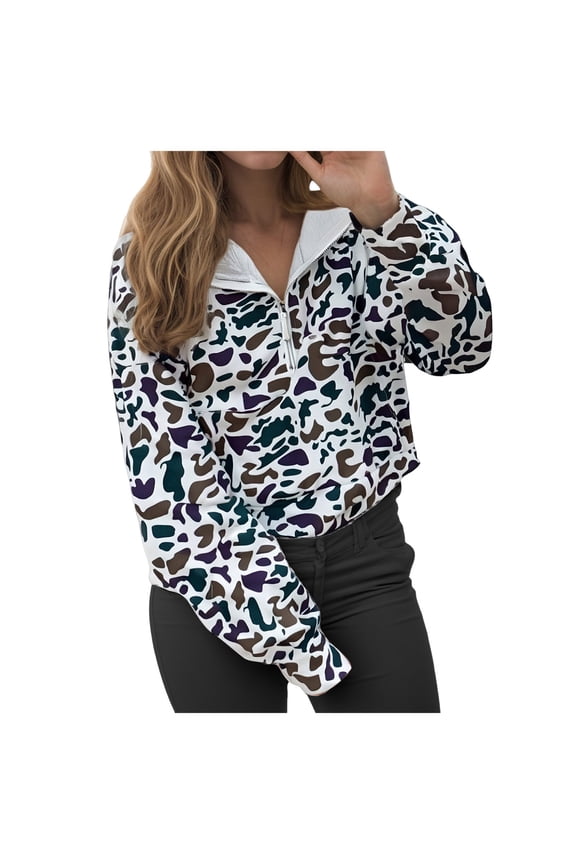 Oversized Quarter Zip Pullover Women Camo Zip up Leopard Print Hoodie Womens Colorful Patchwork Graphic Hoodies (Purple, XS)