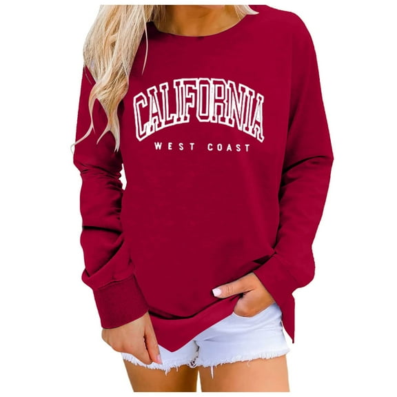 zaveiop Oversized Sweatshirt for Women Crewneck California Long Sleeve Casual Fleece Tops Graphic Hoodies Pullover Sweater (Red, XL)