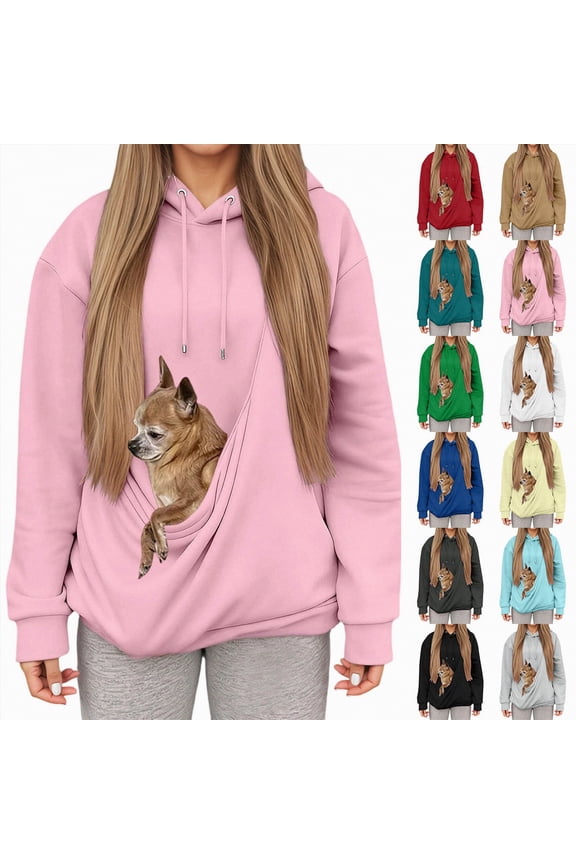 Pet Pouch Hoodie for Women Kangaroo Pocket Hoodie Dog Pouch Sweatshirts Pet Carrier Pullover Long Sleeve Tops (Light Blue, S)