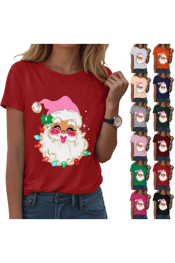 Retro Cheerful Santa Tshirt Women Santa Merry Christmas Shirt Vintage Santa Claus Graphic Tee Short Sleeve Xmas Tops (Orange, S)
