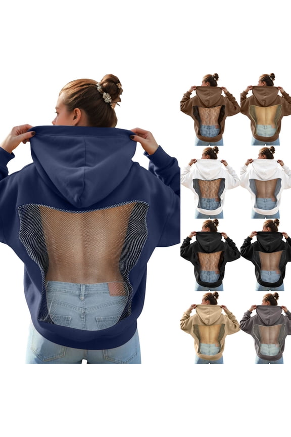 Sexy Mesh Backless Hoodies for Women See Through Oversized Patckwork Pullover Casual Sweatshirts Loose Tunic Tops (Grey, S)