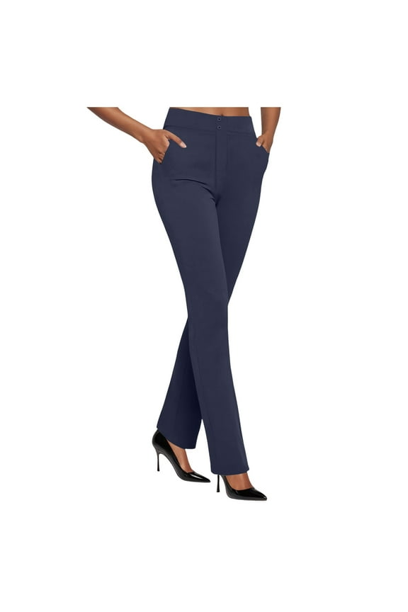 Slacks for Women Casual Pants Dress Pants Women Business Casual High Waist Stretchy Trousers Pull On Women Blendingpants (Navy, L)